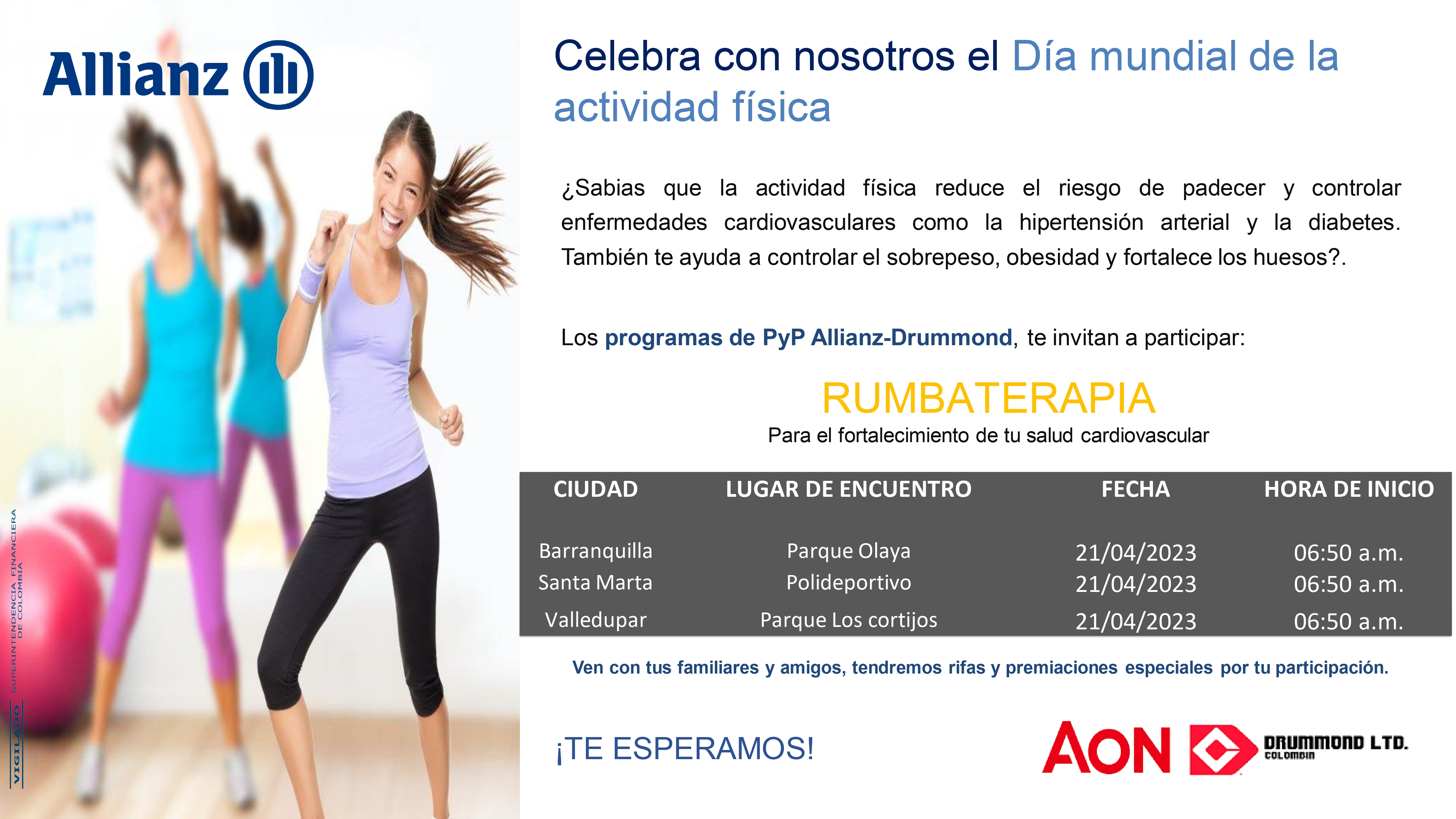 Sabias que la actividad física reduce el riesgo de padecer y controlar enfermedades cardiovasculares como la hipertensión arterial y la diabetes. También te ayuda a controlar el sobrepeso, obesidad y fortalece los huesos. Es por esta razón que los programas de PyP Allianz-Drummond, te invita a participar